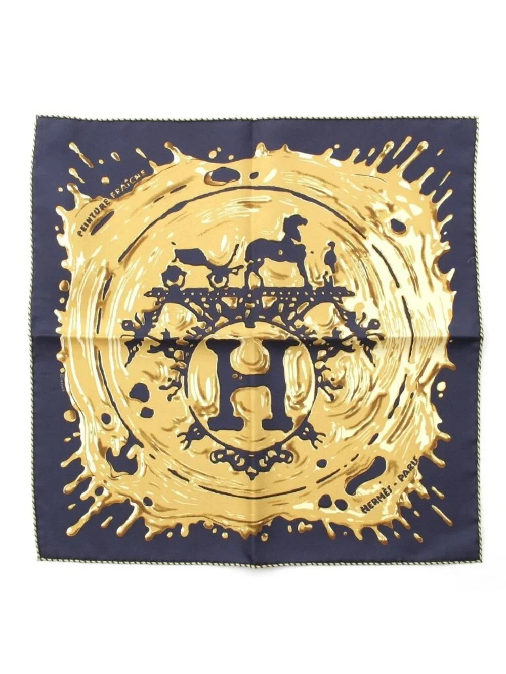 Hermes Carre 45 Peinture Fraiche Freshly Painted Silk Scarf Navy Gold - Picture 1 of 10